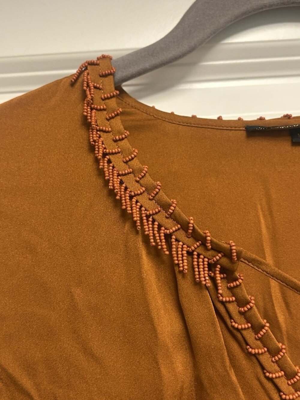 Kobi Halperin Shirt Medium Silk Stretch Beaded Peasant Blouse Burnt Orange Beads - Picture 8 of 16